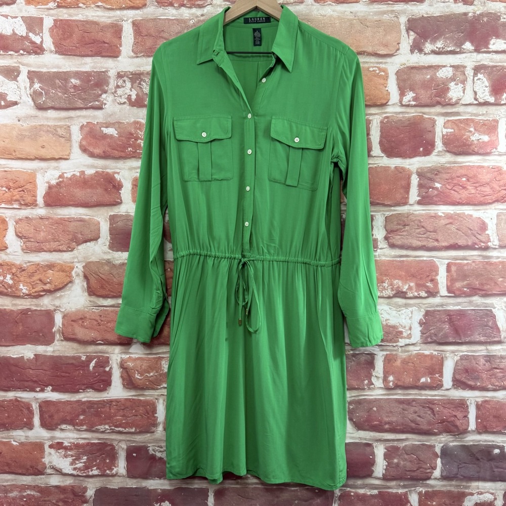 Ralph Lauren Shirt Dress Women's 8 Kelly Green Pocketed Casual Career Tie Waist